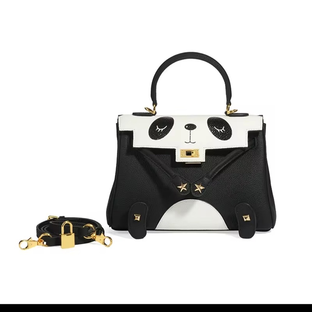 Black and White genuine leather mini Panda Design Handbag